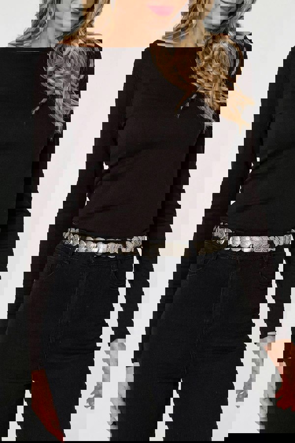 Silver | Metallic Coin Detail Skinny Belt
