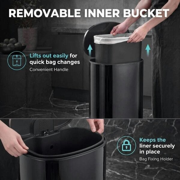 50L Kitchen Pedal Bin, Rubbish Bin with Soft-Close and Stay-Open Lid, Removable Inner Bucket, Black