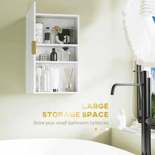 White bathroom wall cabinet with open door showing three interior shelves and gold hinges.