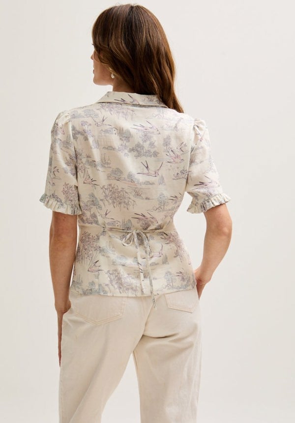 Rachel Vintage Inspired Short Sleeve Josephine Print Shirt In Cream