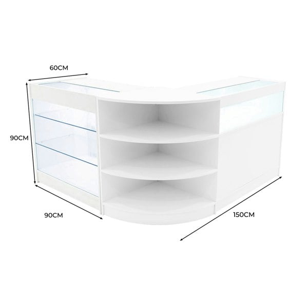 Curved white LED shop counter set featuring glass shelves, sleek design, and dimensions of 150cm x 90cm x 60cm for retail display