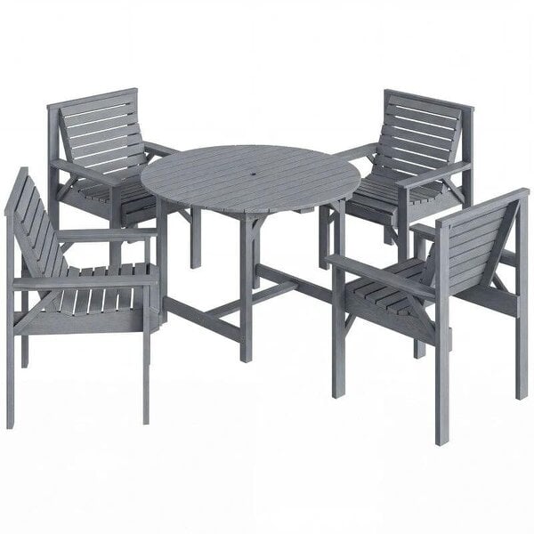 5 Pieces Garden Dining Set with Parasol Hole, Round Outdoor Table and Chairs, 4 Seater Wooden Garden Furniture, Grey