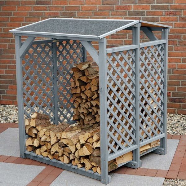 Promex DOUBLE Wooden Log Storage Rack Shed - Grey Wood Rack Firewood Storage Shed with Felt Roof