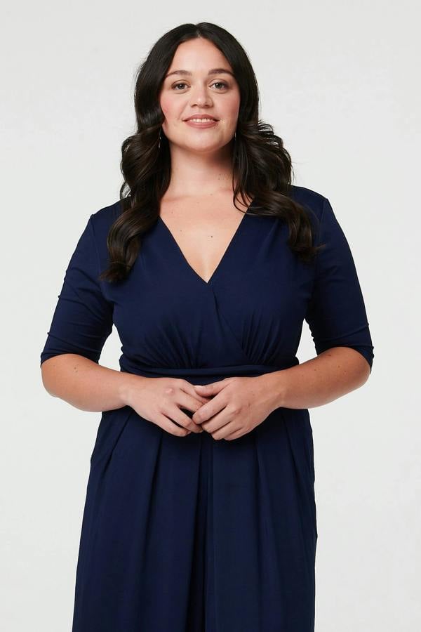 Navy | Curve 1/2 Sleeve Wrap Wide Leg Jumpsuit

