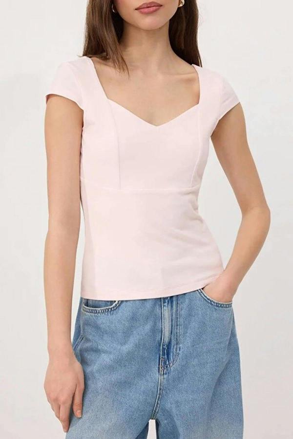 WOVCOR Heart Neckline Fitted Cotton Stretch Knit Blouse
