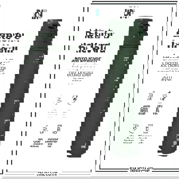 A dark-green water bottle stands against a white background. It displays volume markings and a QR code. The bottle is made from a plant-based, carbon-neutral polymer.