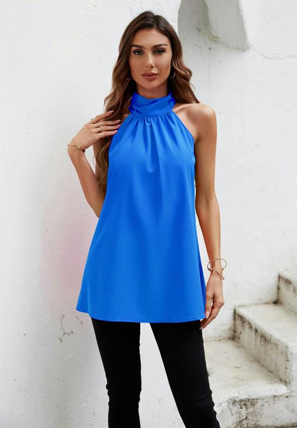 FS Collection Halter Neck Tie Back Top In Azure Blue