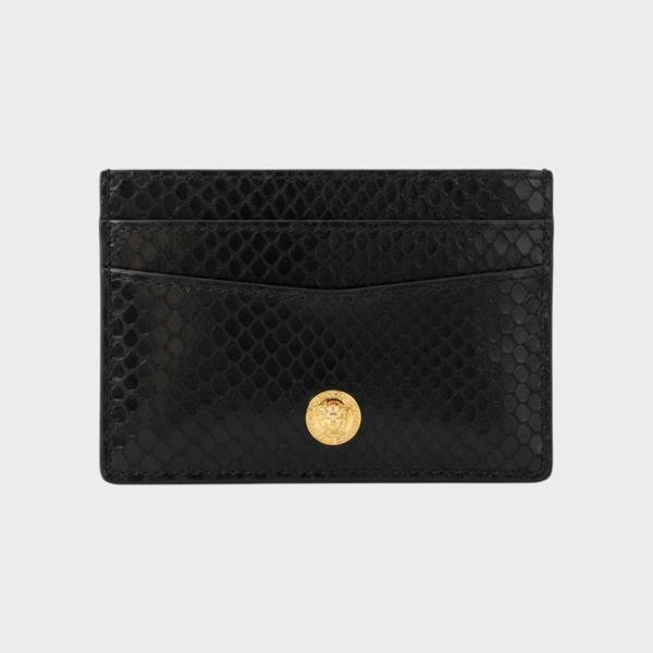 Supplied Fashion Versace Medusa Head cardholder in black snakeskin-embossed leather with a gold-tone logo emblem.