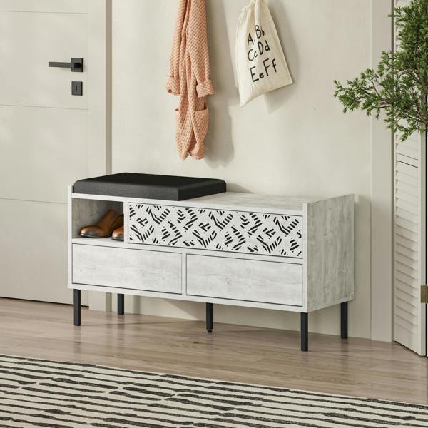 Decortie Heaton Shoe Bench w/ Fabric Cushion Seat 3-door Storage Cabinet 111(W)x37(D)x56.5(H)cm Metal Legs Hallway