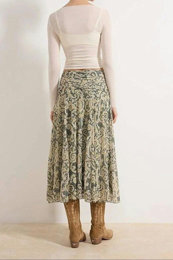 WOVCOR Maxi Gathered Boho Chic Printed Tulle Stretch Knit Skirt