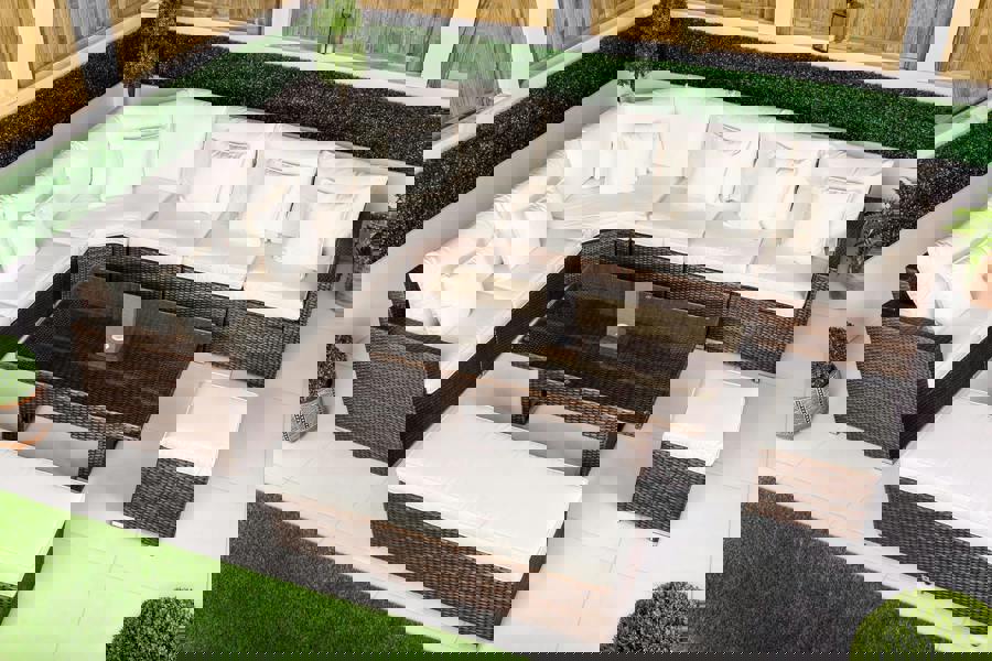 Giardino Santorini 6 Seat Modular Corner Sofa Rattan Garden Furniture Set Outdoor Height Adjustable Coffee Table, Bench and Stool