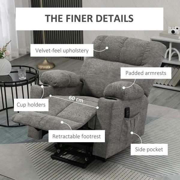Grey recliner chair details: padded armrests, side pocket, and retractable footrest