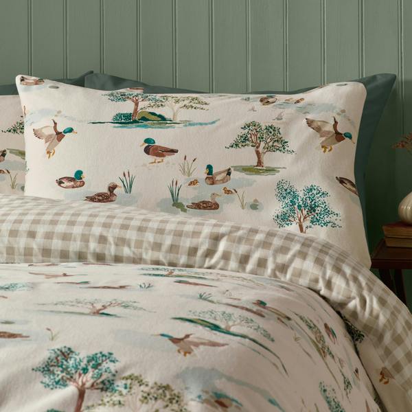 Catherine Lansfield Brushed Mallards Cotton Reversible Duvet Cover Set Cream