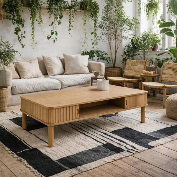 Wyld Haus Copenhagen Natural Oak Wood Etched Coffee Table Tambour Door