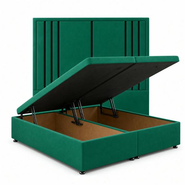 Great British Beds Valentina Headboard with Contrast Border Divan Ottoman Bed - Green Plush