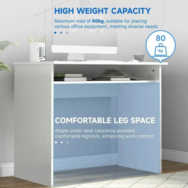 White desk with open leg space and storage shelf beneath the tabletop