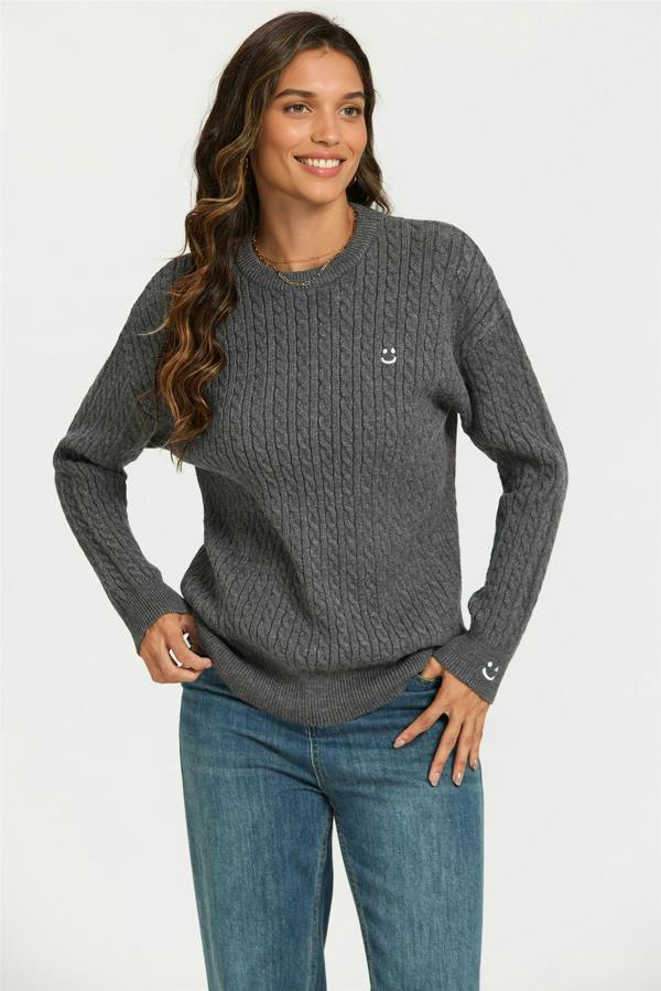 FS Collection Smiley Face Embroidery Jumper Top In Dark Grey