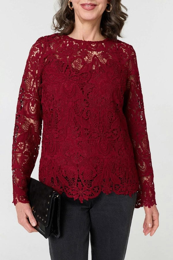 Red | Lace Texture Layered Long Sleeve Blouse
