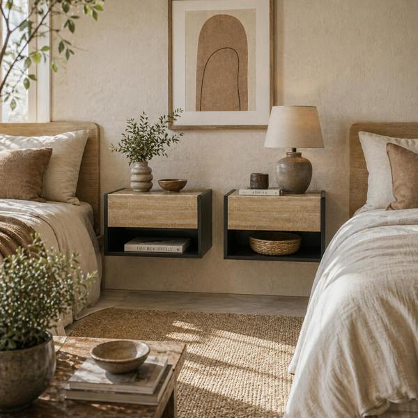 Wyld Haus Sebato Set of 2 Oak Effect Wooden Floating Bedside Tables With Drawer And Shelf Wall Mounted 46 x 30 x 30 cm