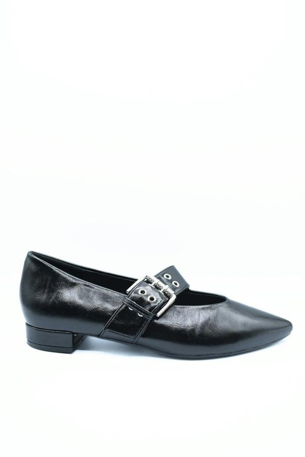 Brenda Low Heel Buckle Eyelet Strap Pointed Flat Shoes - Black