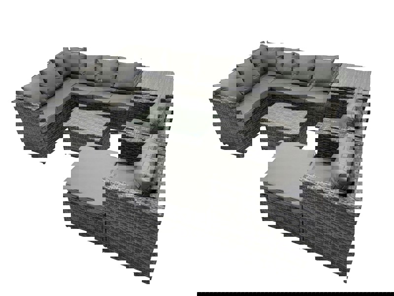 Fimous Outdoor Rattan Rectangular Coffee Table Corner Sofa Sets Garden Furniture Set with 2 Chairs Big Stool Side Table Dark Grey Mixed