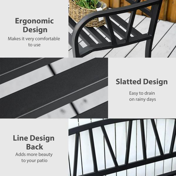 Black metal two-seat garden bench with slatted seat and ergonomic curved armrests
