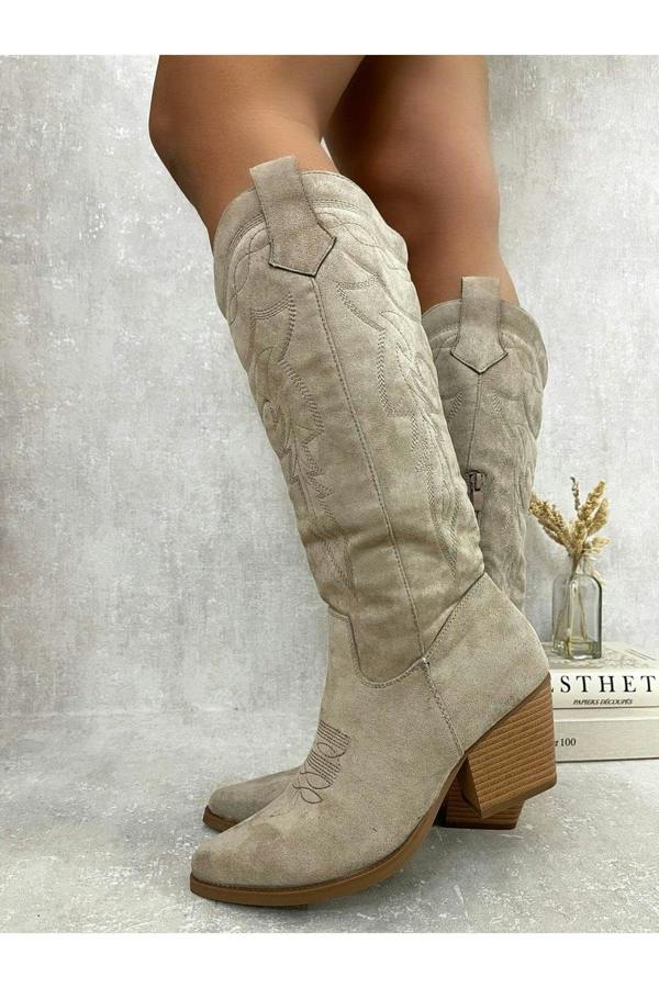 Samira Block Heel Cowboy Boots - Beige