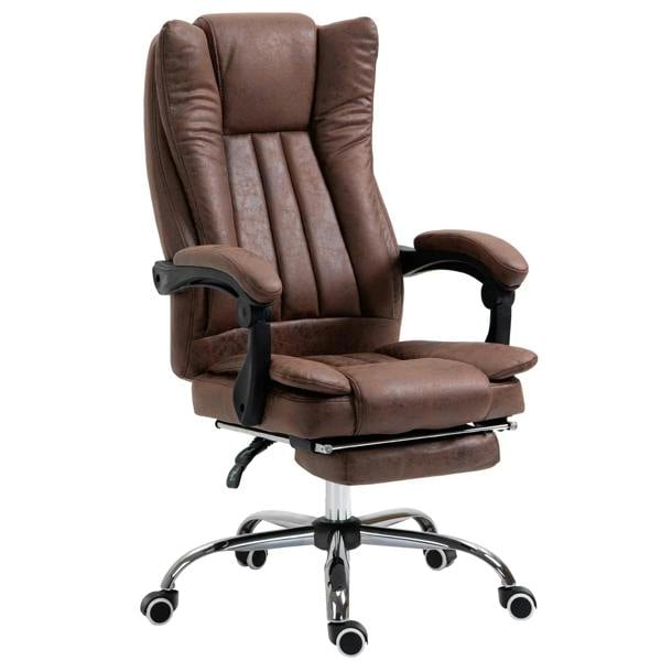 Brown microfibre desk chair with padded back, armrests, and swivel base