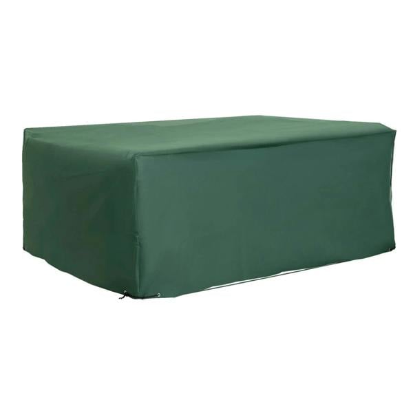 Green rectangular patio furniture cover with fitted, waterproof fabric edges