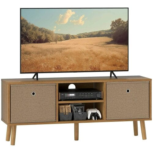 Bobobiy TV Cabinet Stand Unit for TVs up to 50'' with Foldable Drawers, Entertainment Centre for Living Room Brown