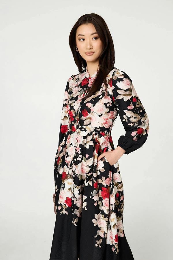 Black | Floral Tie Waist Long Sleeve Midi Dress