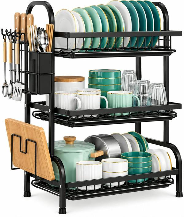ATEK 3 Tier Dish Drying Rack with Drip Trays, Cutlery & Chopping Board Holder – Black