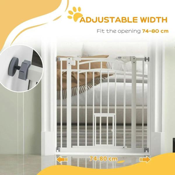 White pressure-fit stair gate with adjustable width fit for 74-80 cm opening.