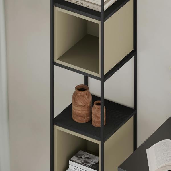 Decortie Modern Vale Mini Bookcase Versatile Display Unit 5-Tier Metal Frame 2 Adjustable Shelf 18mm (Black Wood)