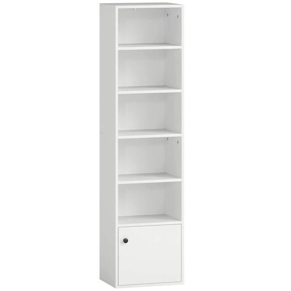 White tall 6-tier bookcase with open shelves and a lower cabinet door