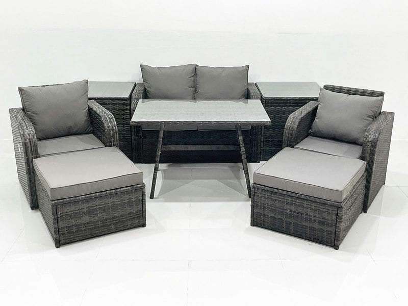 Fimous Outdoor Garden Furniture Set Rattan Sofa Dining Table Set with Reclining Chair 2 Big Footstool 2 Side Tables Dark Grey Mixed