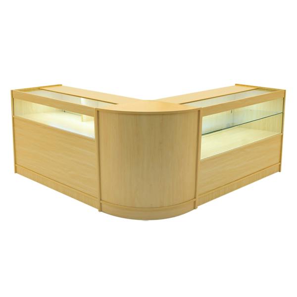 Adonis LED Shop Counter Set in maple finish, featuring a modern design with glass display areas and a sleek curved shape