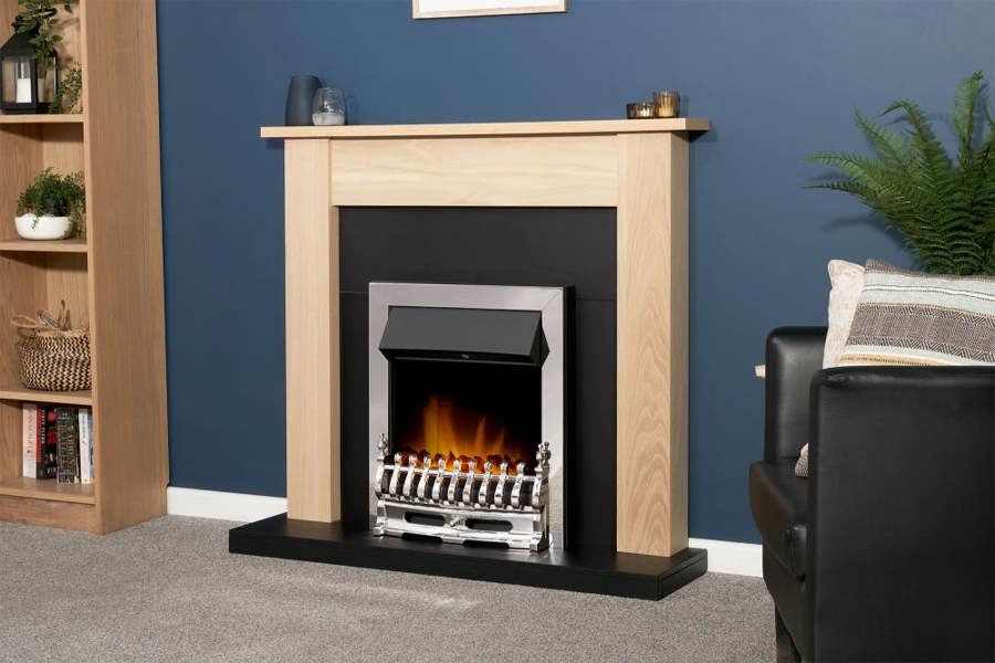 Adam Southwold Fireplace in Oak & Black with Blenheim Electric Fire in Chrome, 43 Inch