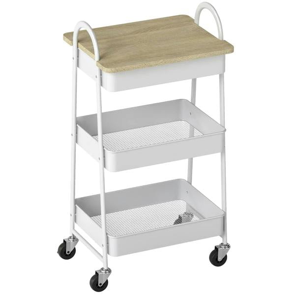 3-tier kitchen storage trolley with oak top board, white frame, mesh shelves, four casters