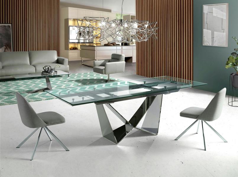 Angel Cerdá Rectangular tempered glass and chrome-plated steel extending dining table 1027