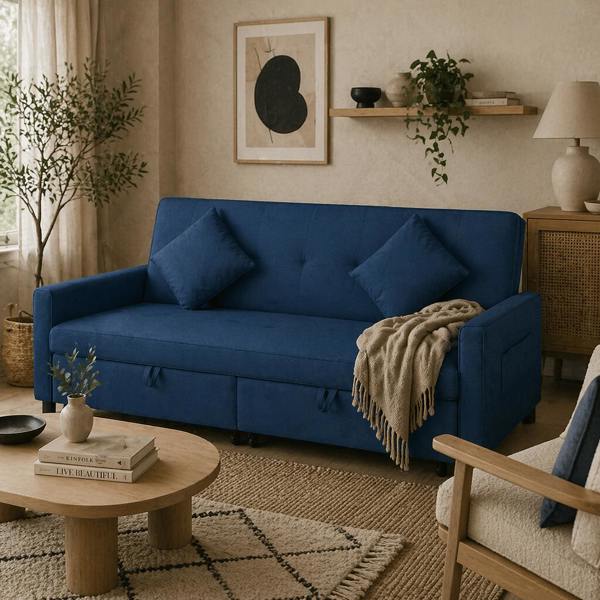 Wyld Haus Sarova Difa Blue Fabric 3 Seater Convertible Sofa Bed