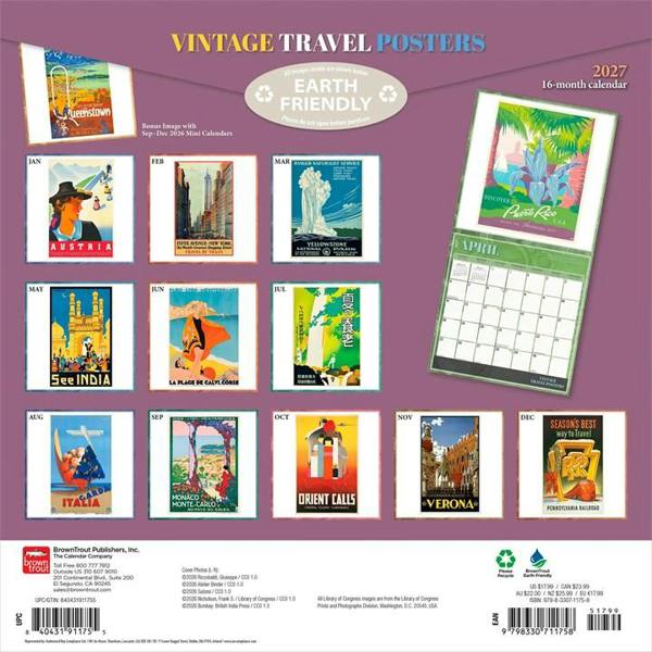 Vintage Travel Posters Calendar 2027, Wall Calendars, Month To View, Travel, Gift