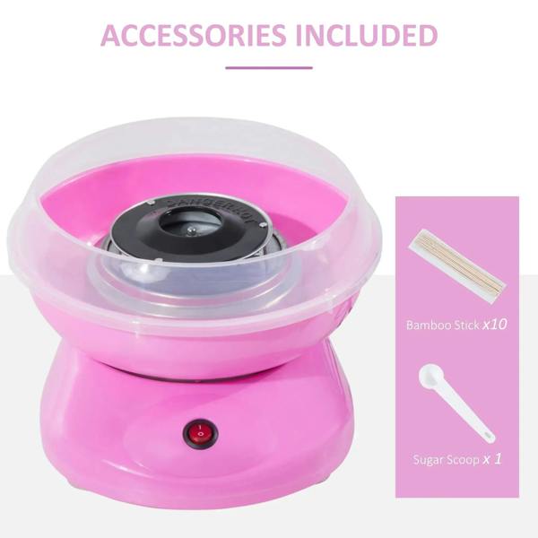 Pink cotton candy maker with included bamboo sticks and sugar scoop