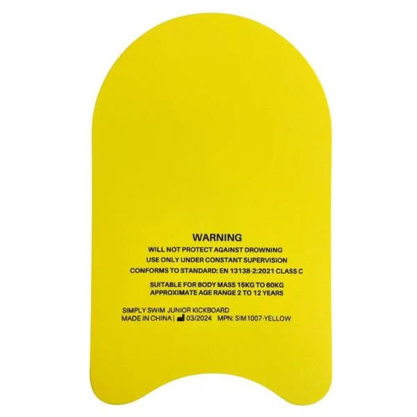 Simply Swim junior kickboard in yellow closed cell EVA foam with label