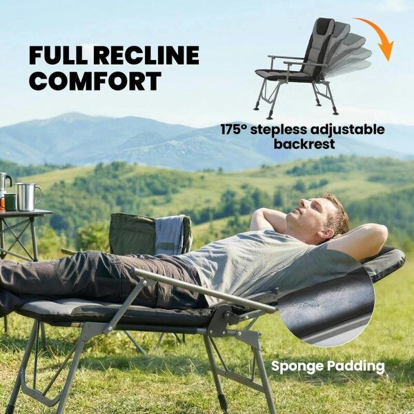 Camping Chair Padded Reclining Folding Chair with Wide Armrests for Adults Black