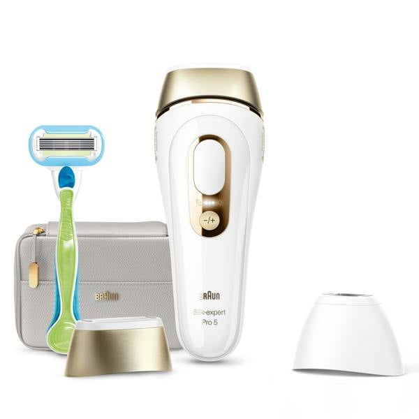 Braun IPL Silk-Expert Pro 5, At Home Hair Removal Device with Pouch, White/Gold, PL5124
