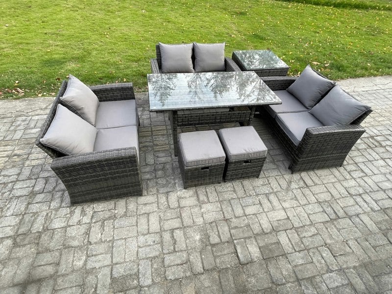 Fimous Outdoor Lounge Sofa Set - Dark Grey Mixed PE Wicker Rattan Garden Furniture with Oblong Dining Table & 2 Small Footstools