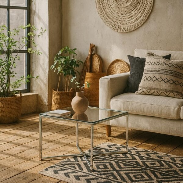 Wyld Haus Oakfern Square Silver Metal Side Table Glass Top