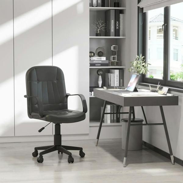 Black PU leather swivel office chair with padded backrest, armrests, and caster wheels