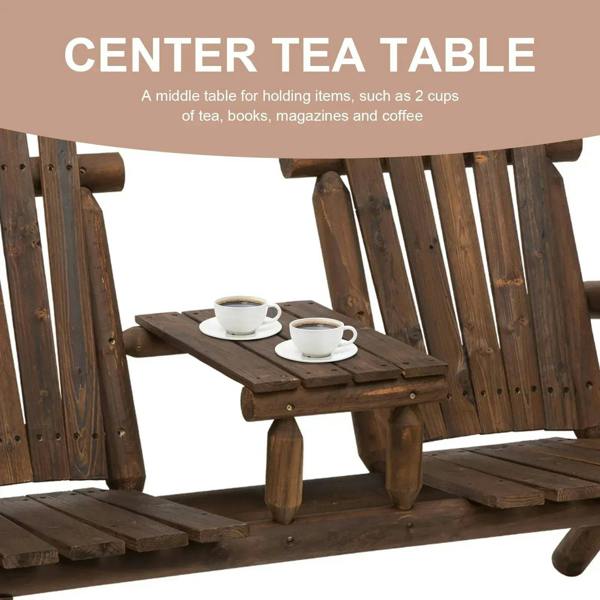 Carbonized wood patio bench with center tea table holding two cups.